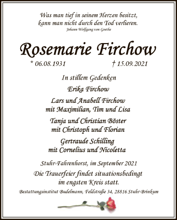 Traueranzeige von Rosemarie Firchow von SYK