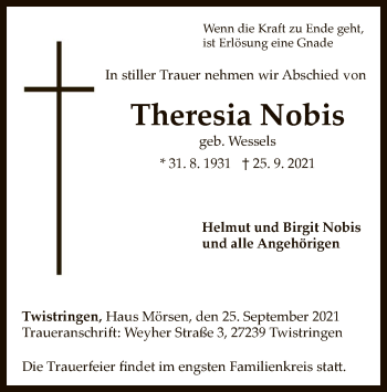 Traueranzeige von Theresia Nobis von SYK