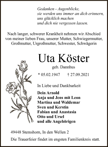 Traueranzeige von Uta Köster von SYK