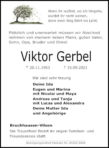 Traueranzeige von Viktor Gerbel von SYK