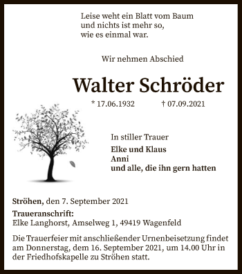 Traueranzeige von Walter Schröder von SYK