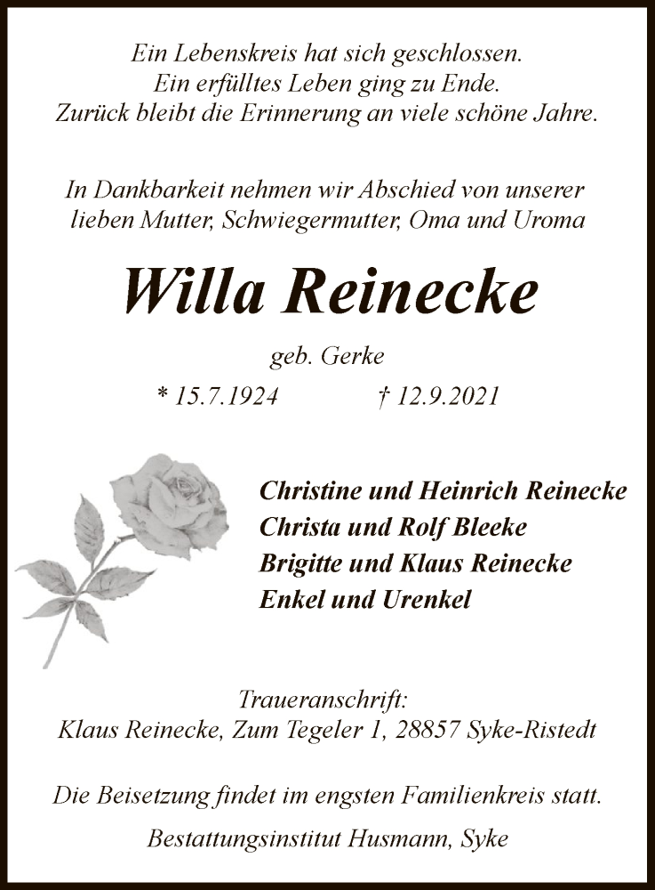  Traueranzeige für Willa Reinecke vom 15.09.2021 aus SYK