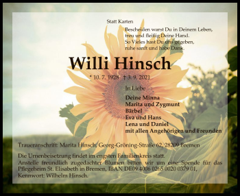 Traueranzeige von Willi Hinsch von SYK