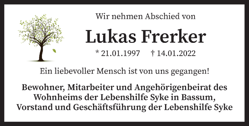  Traueranzeige für Lukas Maximilian Frerker vom 18.01.2022 aus SYK
