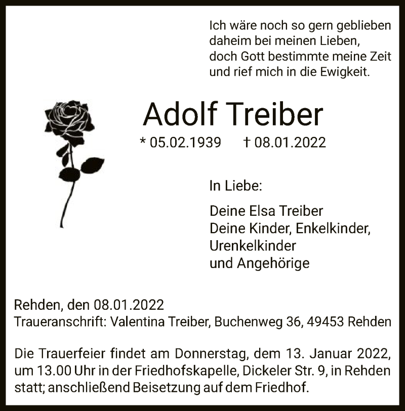  Traueranzeige für Adolf Treiber vom 11.01.2022 aus SYK