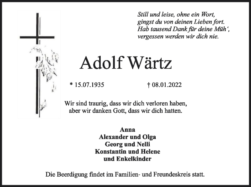  Traueranzeige für Adolf Wärtz vom 11.01.2022 aus SYK