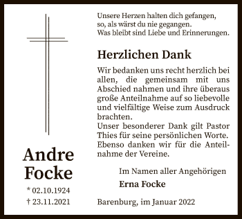 Traueranzeige von Andre Focke von SYK