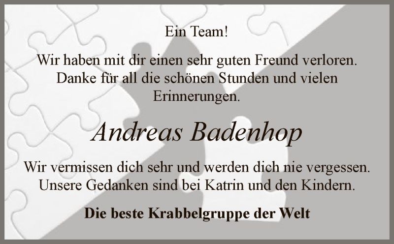  Traueranzeige für Andreas Badenhop vom 11.01.2022 aus SYK