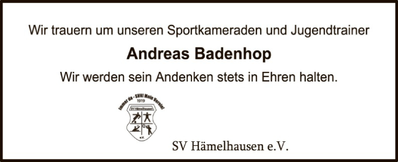  Traueranzeige für Andreas Badenhop vom 14.01.2022 aus SYK