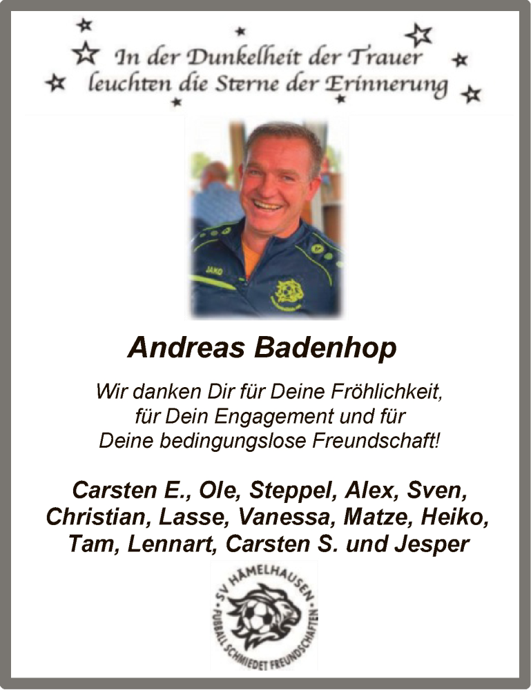  Traueranzeige für Andreas Badenhop vom 12.01.2022 aus SYK