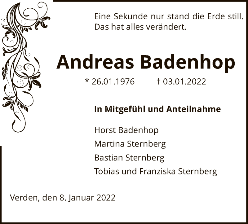  Traueranzeige für Andreas Badenhop vom 08.01.2022 aus SYK