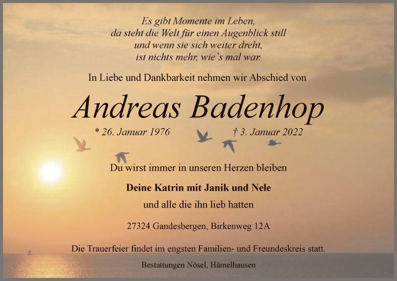  Traueranzeige für Andreas Badenhop vom 11.01.2022 aus SYK