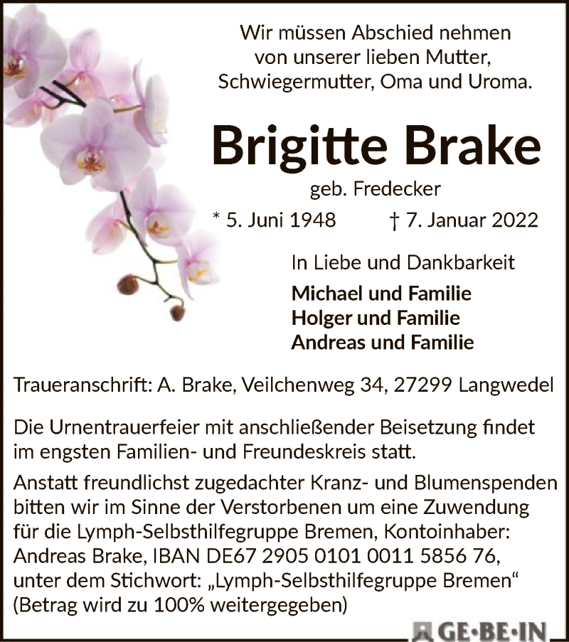  Traueranzeige für Brigitte Brake vom 15.01.2022 aus SYK