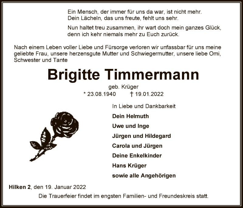  Traueranzeige für Brigitte Timmermann vom 22.01.2022 aus SYK