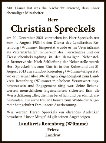 Traueranzeige von Christian Spreckels von SYK