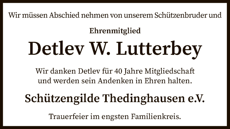  Traueranzeige für Detlev W. Lutterbey vom 11.01.2022 aus SYK