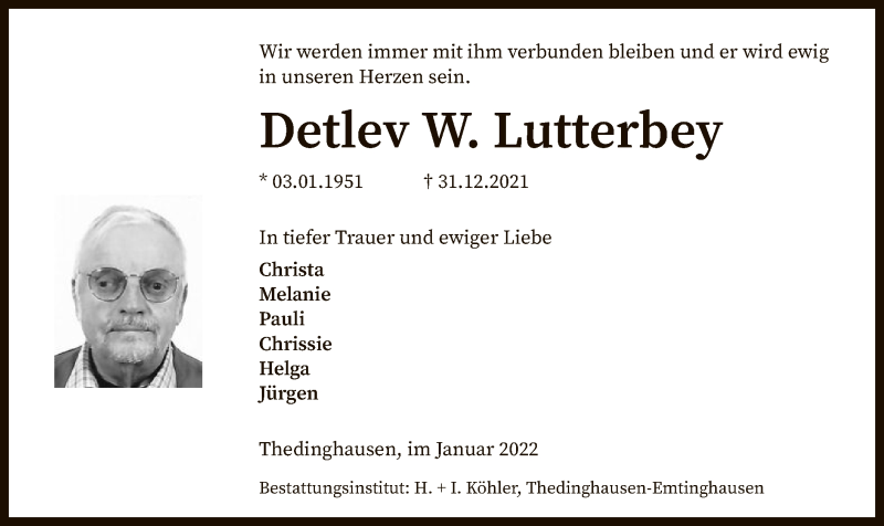  Traueranzeige für Detlev W. Lutterbey vom 07.01.2022 aus SYK
