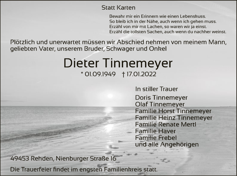 Traueranzeige für Dieter Tinnemeyer vom 19.01.2022 aus SYK