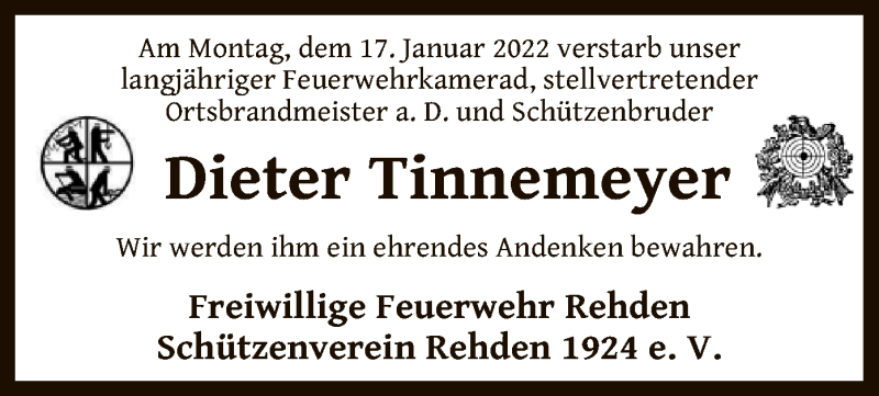 Traueranzeige für Dieter Tinnemeyer vom 20.01.2022 aus SYK