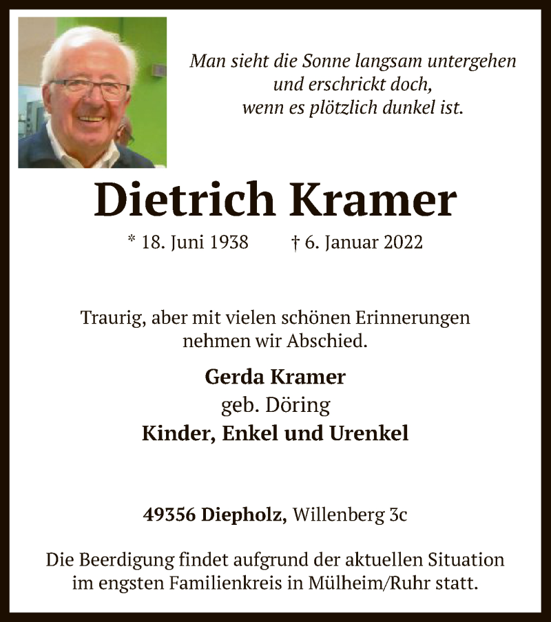  Traueranzeige für Dietrich Kramer vom 11.01.2022 aus SYK