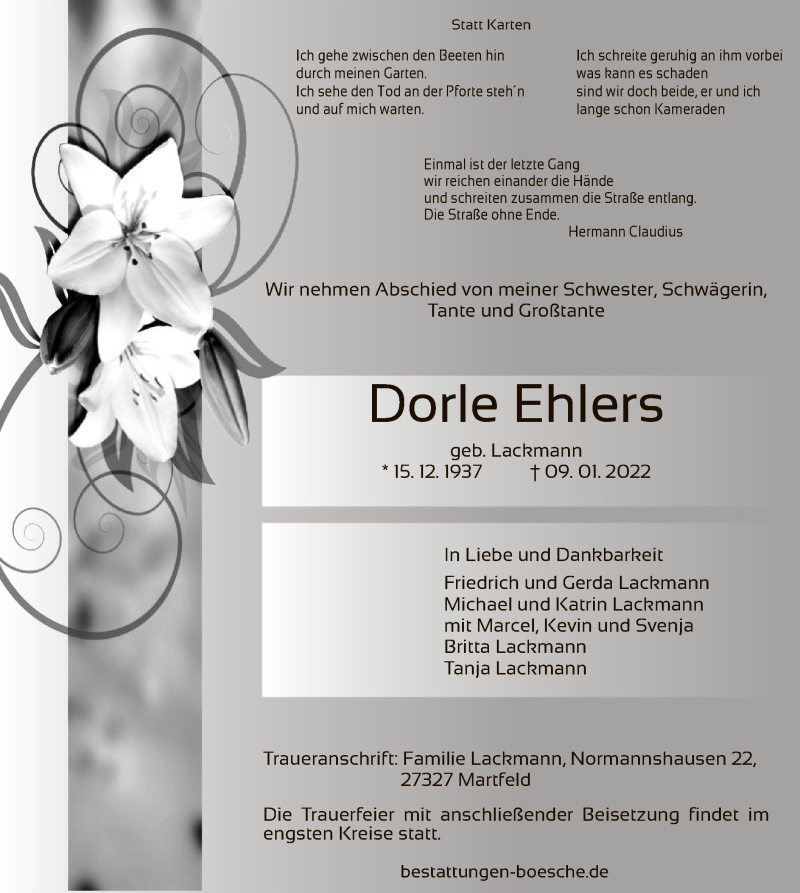  Traueranzeige für Dorle Ehlers vom 15.01.2022 aus SYK