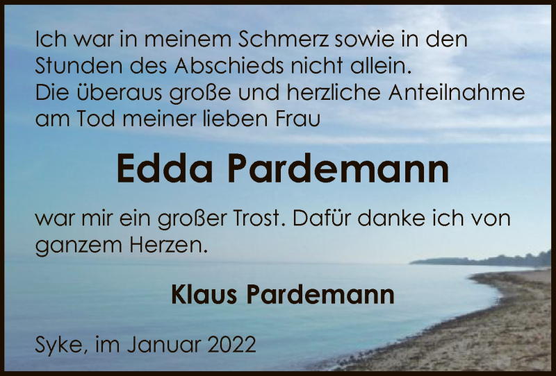  Traueranzeige für Edda Pardemann vom 08.01.2022 aus SYK