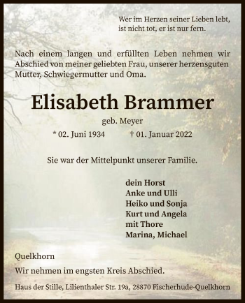 Traueranzeige von Elisabeth Brammer von SYK