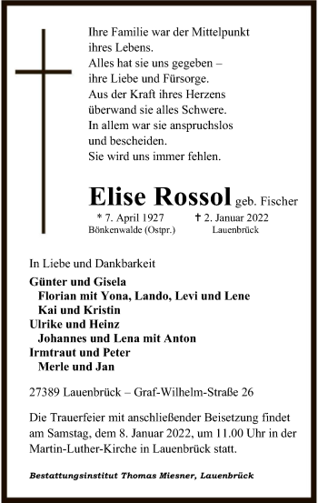 Traueranzeige von Elise Rossol von SYK