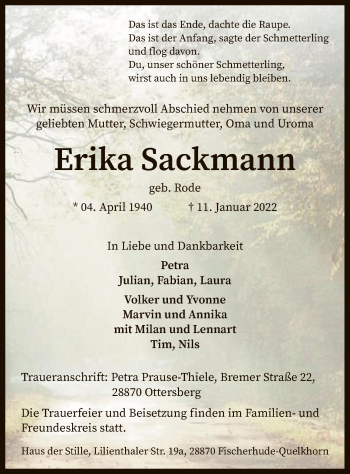 Traueranzeige von Erika Sackmann von SYK