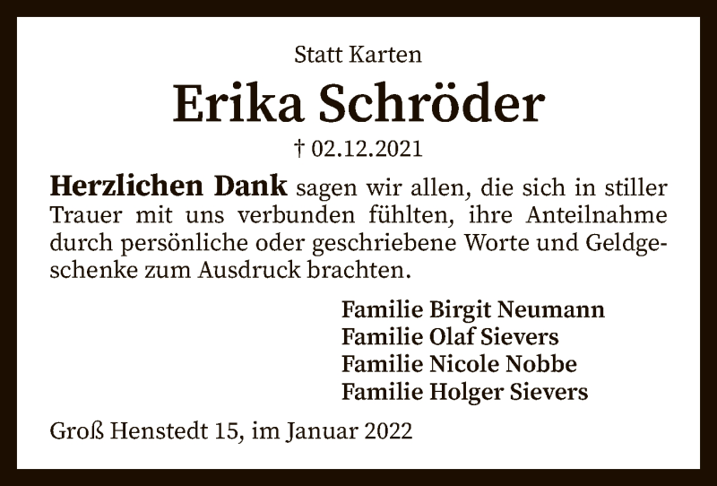  Traueranzeige für Erika Schröder vom 15.01.2022 aus SYK