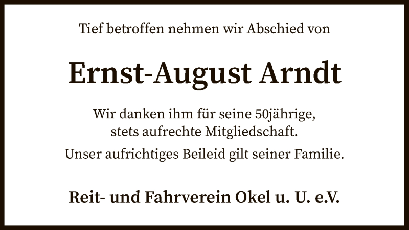  Traueranzeige für Ernst-August Arndt vom 14.01.2022 aus SYK