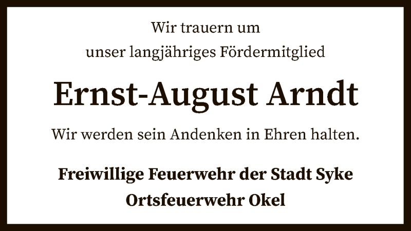  Traueranzeige für Ernst-August Arndt vom 13.01.2022 aus SYK