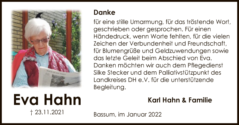  Traueranzeige für Eva Hahn vom 15.01.2022 aus SYK
