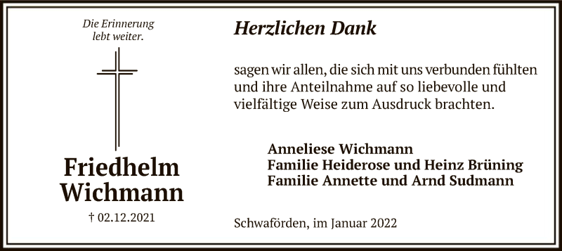  Traueranzeige für Friedhelm Wichmann vom 15.01.2022 aus SYK