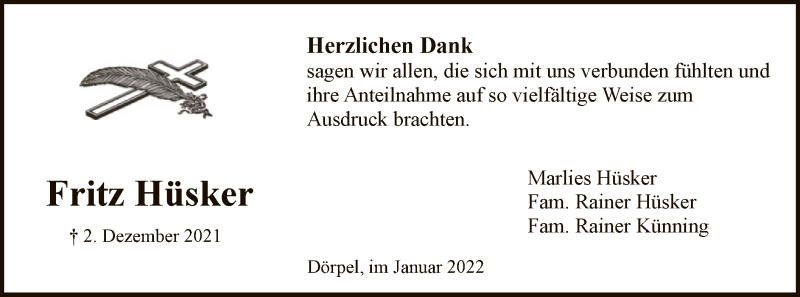  Traueranzeige für Fritz Hüsker vom 15.01.2022 aus SYK