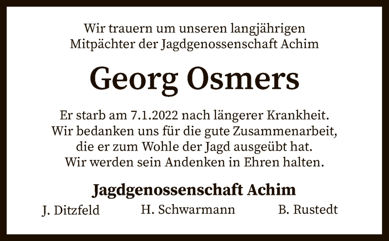 Traueranzeige für Georg Osmers vom 15.01.2022 aus SYK