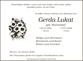 Traueranzeige von Gerda Lukat von SYK