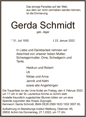 Traueranzeige von Gerda Schmidt von SYK