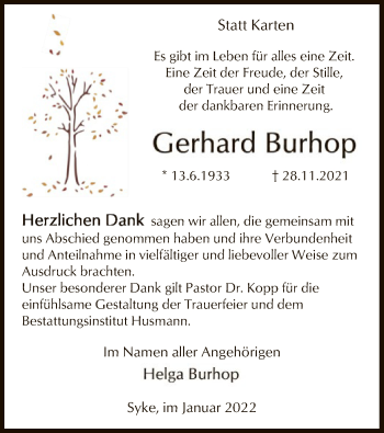 Traueranzeige von Gerhard Burhop von SYK