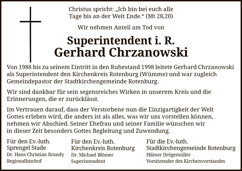  Traueranzeige für Gerhard Chrzanowski vom 12.01.2022 aus SYK