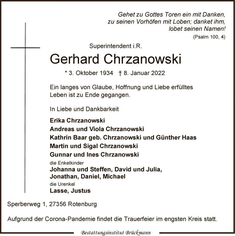  Traueranzeige für Gerhard Chrzanowski vom 12.01.2022 aus SYK