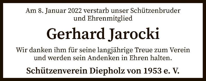  Traueranzeige für Gerhard Jarocki vom 12.01.2022 aus SYK