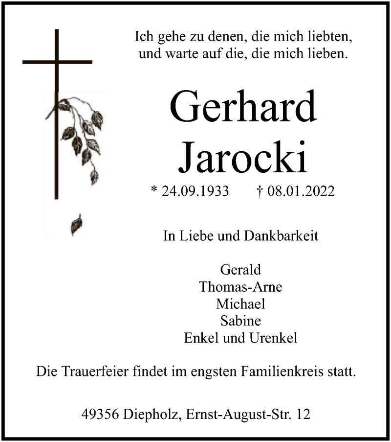  Traueranzeige für Gerhard Jarocki vom 11.01.2022 aus SYK