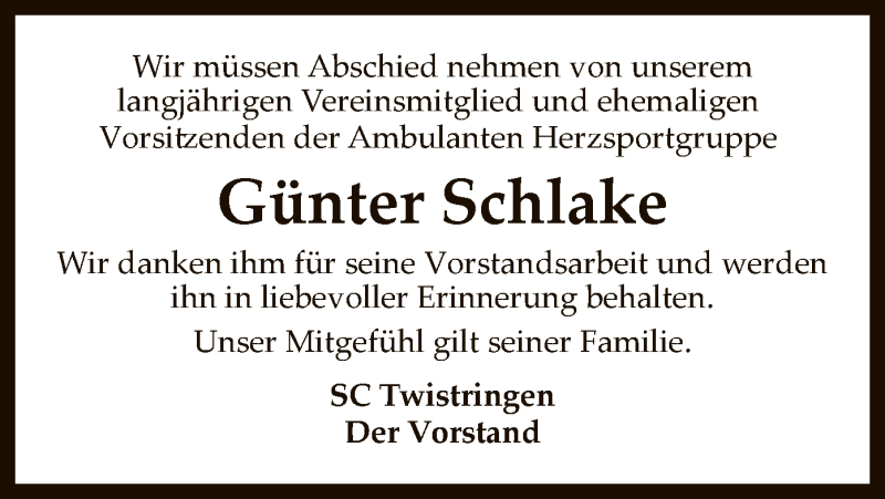  Traueranzeige für Günter Schlake vom 25.01.2022 aus SYK