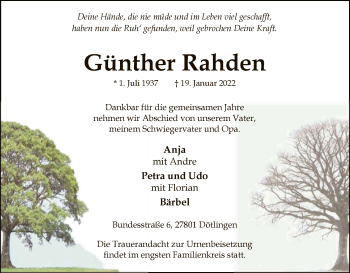 Traueranzeige von Günther Rahden von SYK