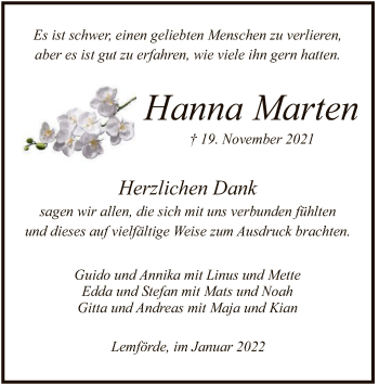 Traueranzeige von Hanna Marten von SYK