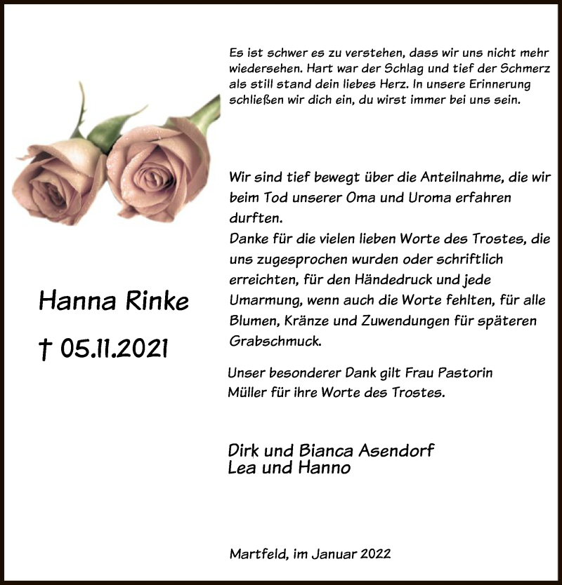  Traueranzeige für Hanna Rinke vom 08.01.2022 aus SYK