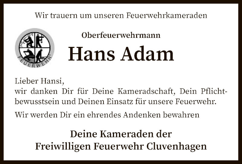  Traueranzeige für Hans Adam vom 29.01.2022 aus SYK