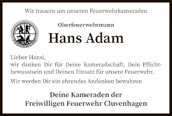 Traueranzeige von Hans Adam von SYK