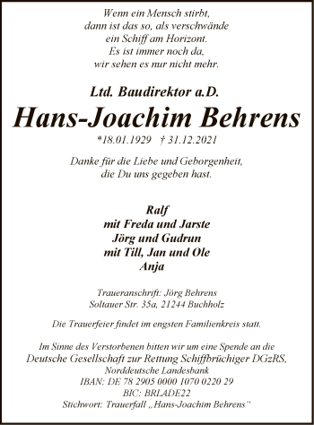 Traueranzeige von Hans-Joachim Behrens von SYK